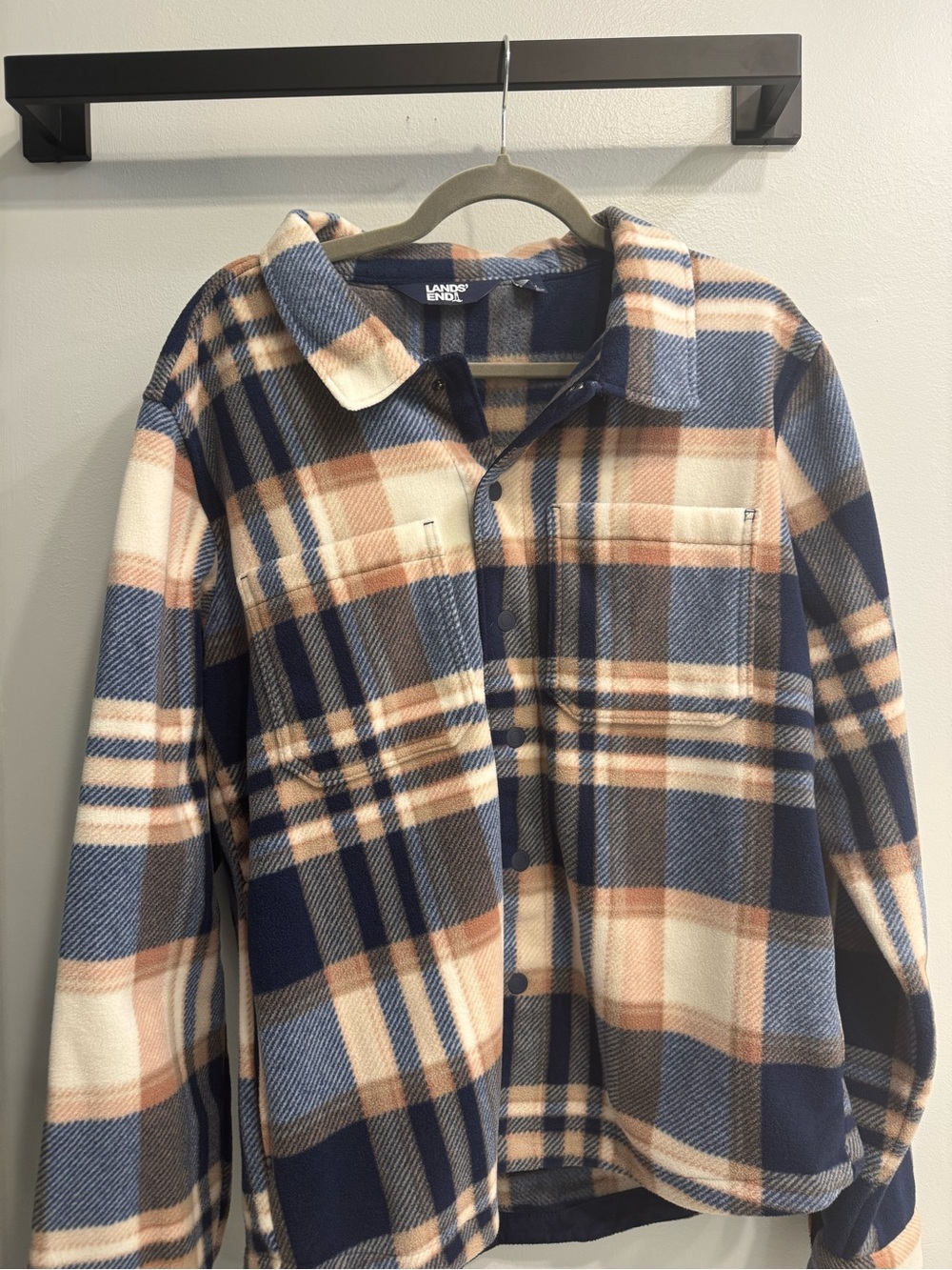 Lands' End Men’s Navy, Cream & Tan Plaid Fleece Jacket